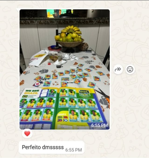 Depoimento de cliente satisfeito mostrando figurinhas impressas